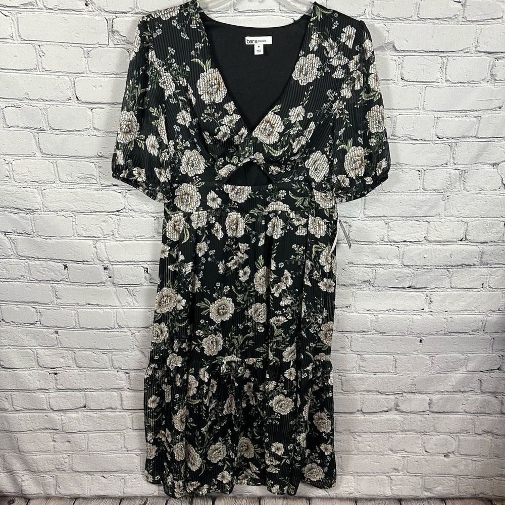 NWT Bar III Women’s Floral Print Dress Cut Out Puffed Sleeve Black Combo M